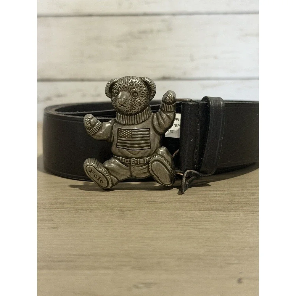 Silver Tone Ralph Lauren Polo Bear Black Leather Belt Sz 32 American Flag